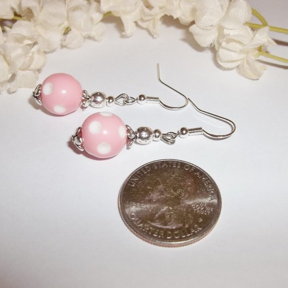 Pink and White Polka Dot Earring Handmade Set Retro Vibe Feminine Beaded 5246 - Picture 5 of 8